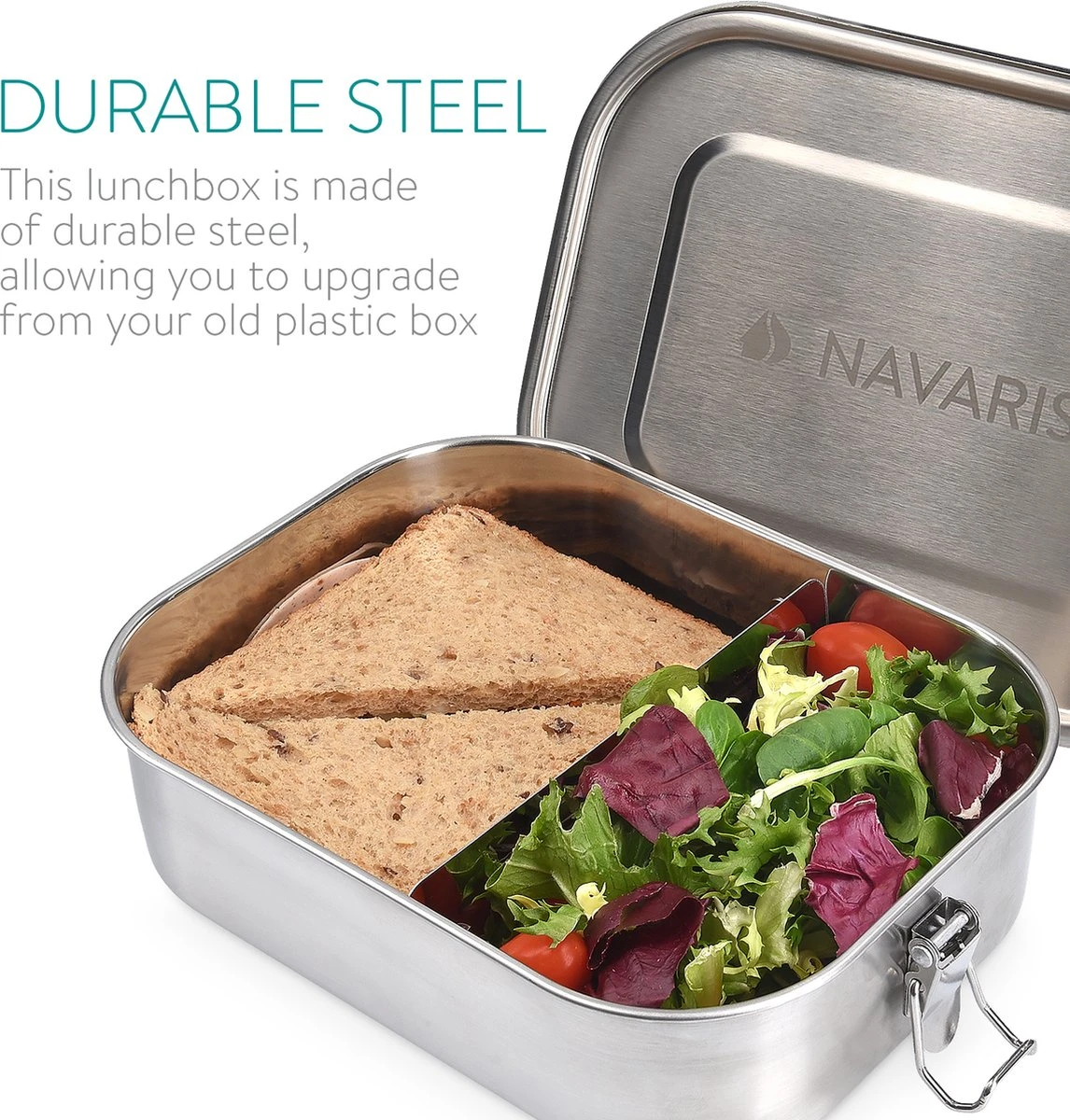 Navaris RVS Broodtrommel Met Verdeler - Meal Prep Bakje - Vershouddoos - Lunchbox - 17 X 13 X 6 Cm - Inhoud 0,8 Liter - Vaatwasbestendig - Afbeelding 3