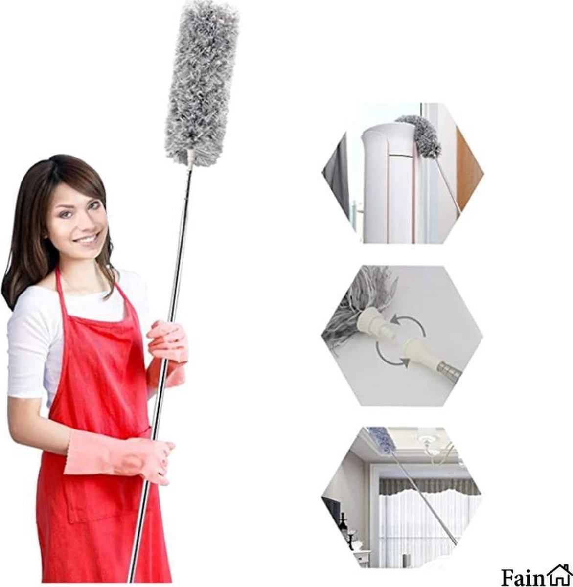Fain® Plumeau Met Telescoopsteel – Grijs – 80 Tot 280 Cm - Uitschuifbaar – Wasbaar - Flexibel 360° Draaibaar – Duster - Microvezel Ragebol - Afbeelding 2
