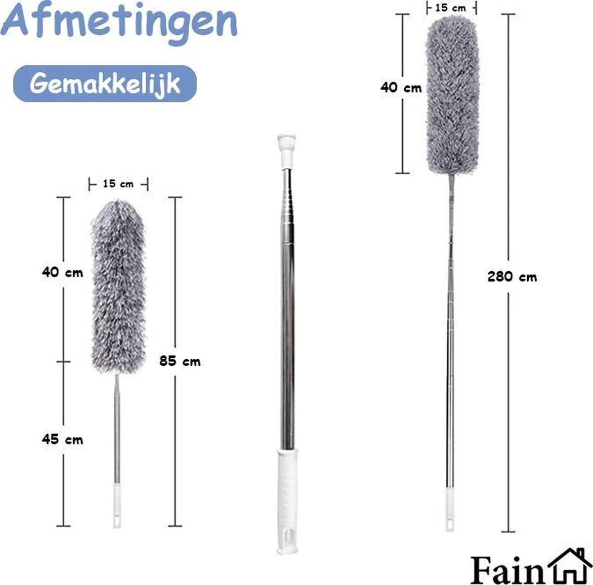 Fain® Plumeau Met Telescoopsteel – Grijs – 80 Tot 280 Cm - Uitschuifbaar – Wasbaar - Flexibel 360° Draaibaar – Duster - Microvezel Ragebol - Afbeelding 11
