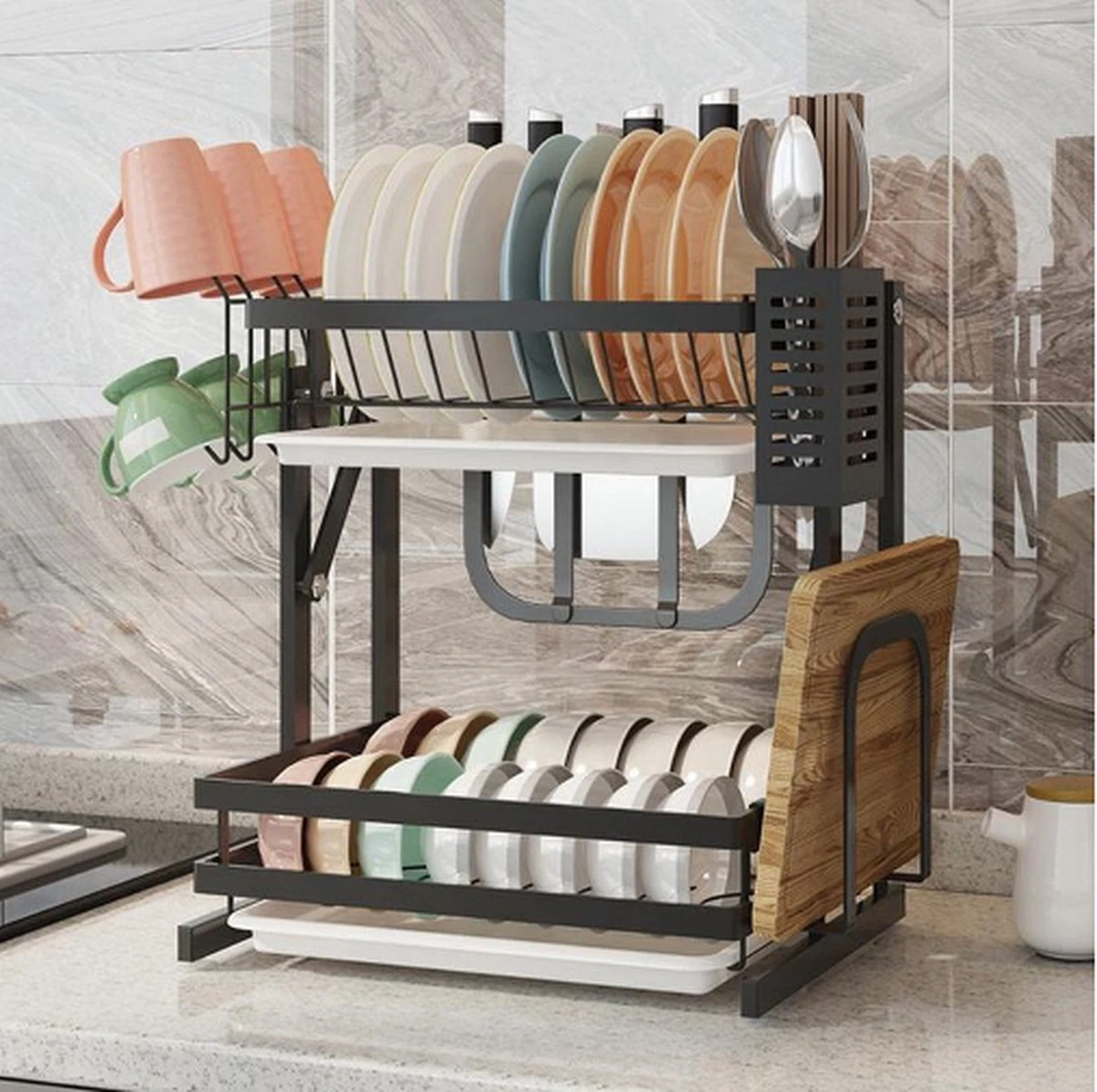 Doogo® Afdruiprek Met Lekbak 2 Laags – Inklapbaar - Muur Hangen Mogelijke - Afwasrek – Met 2 Lekbakken – Extra Accessories Voor Servies En Snijplanken - RVS - Afbeelding 11