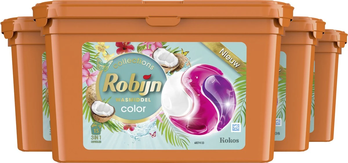Robijn Kokos 3 In 1 Wascapsules - 4 X 15 Wasbeurten - Voordeelverpakking - Afbeelding 2