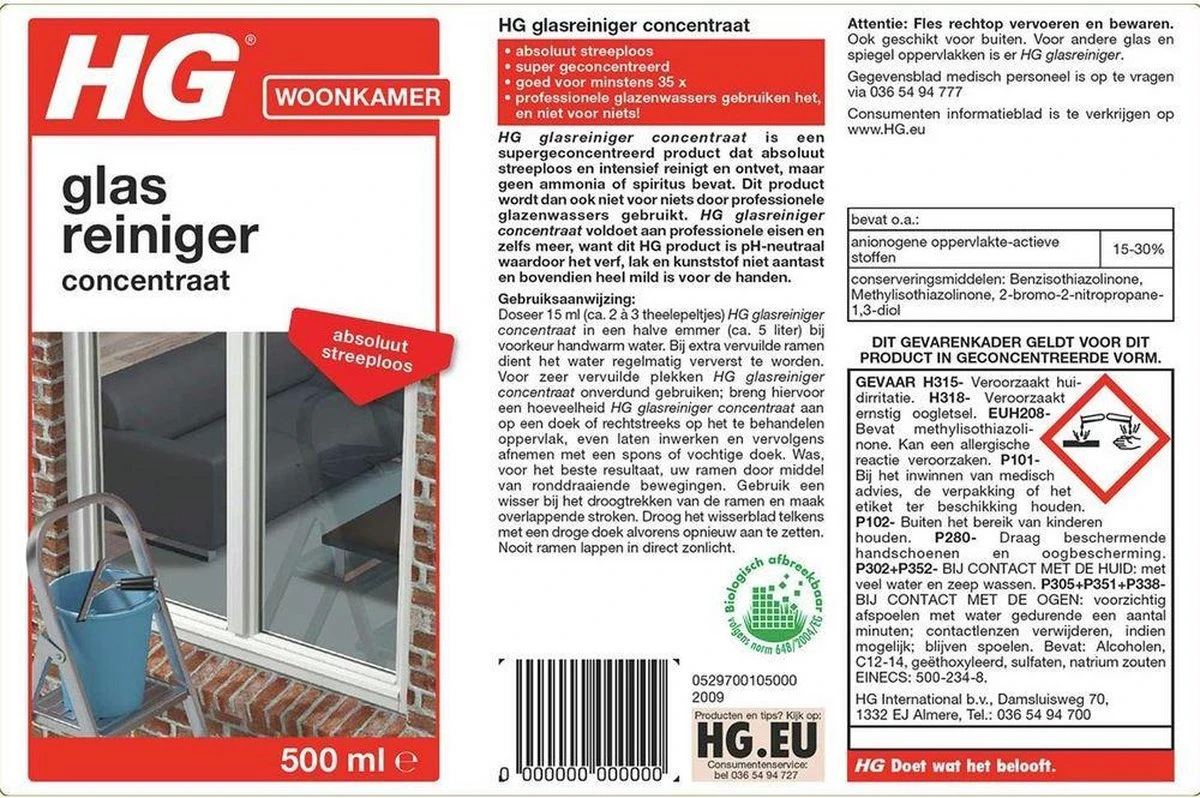 HG Glasreiniger Concentraat - 500ml - Reinigt Streeploos - De Keuze Van Professionele Glazenwassers - Afbeelding 2